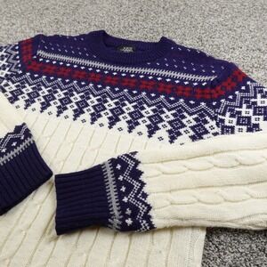VTG Cable Knit Sweater Womens M White Blue Nordic Fair Isle Crewneck Sweatshirt